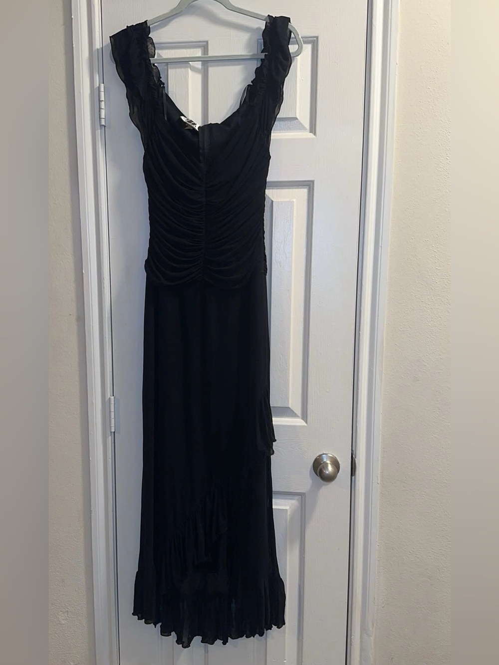 Tadashi Shoji Black Ruched Maxi Dress with Ruffled Straps